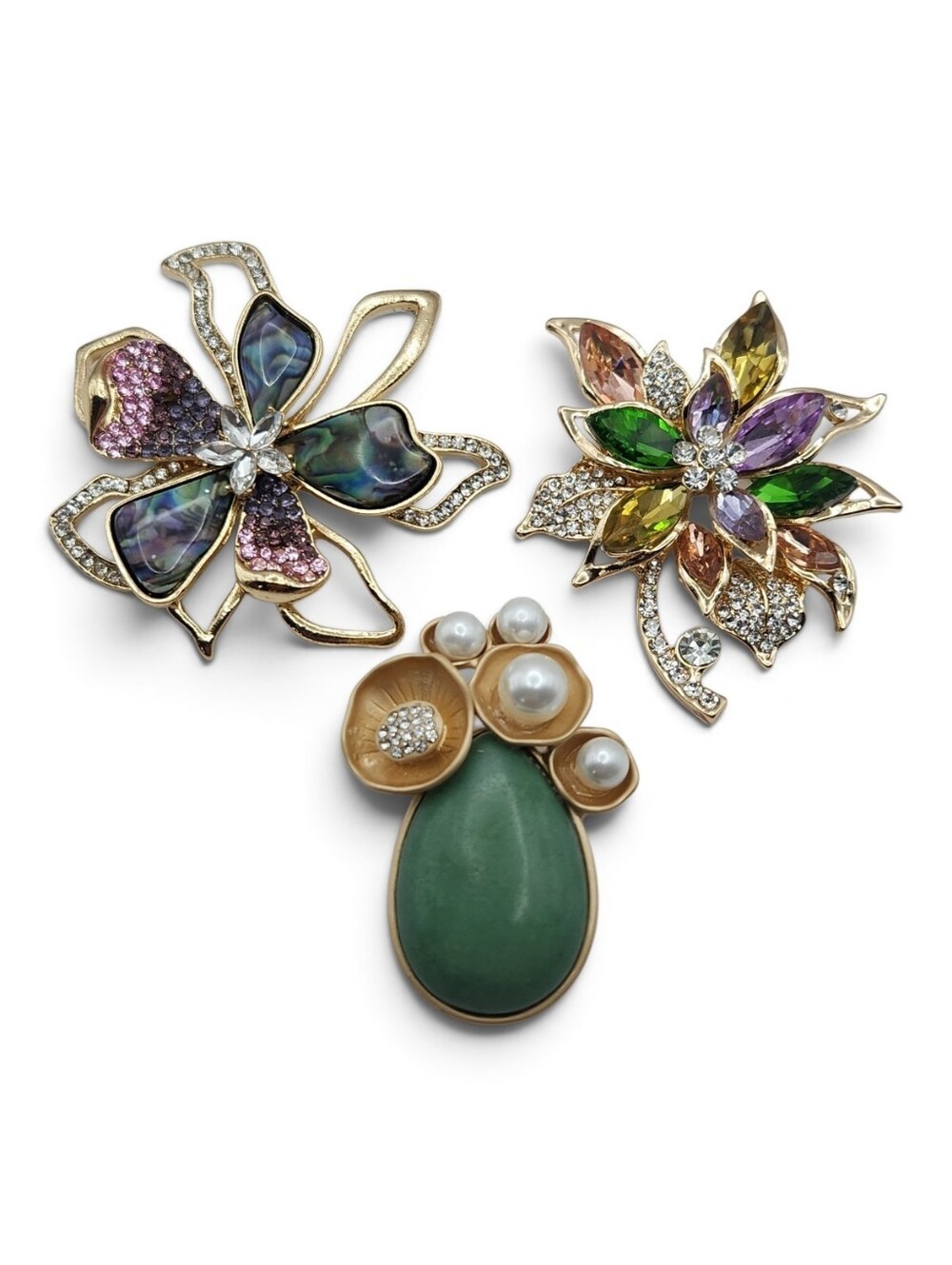 Multicolor Floral Crystal & Pearl Brooch Set - Green Accent